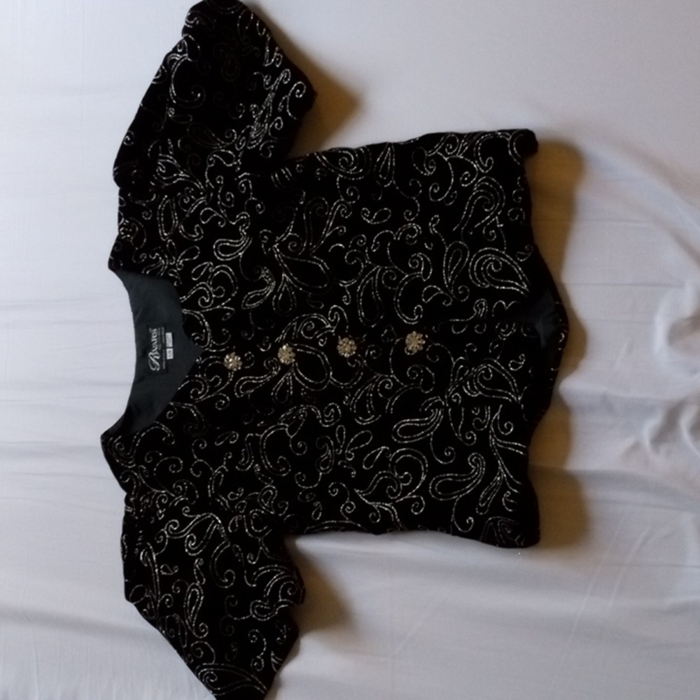 Rivar's velvet puff sleeve top with silver glitter and rhinestone buttons